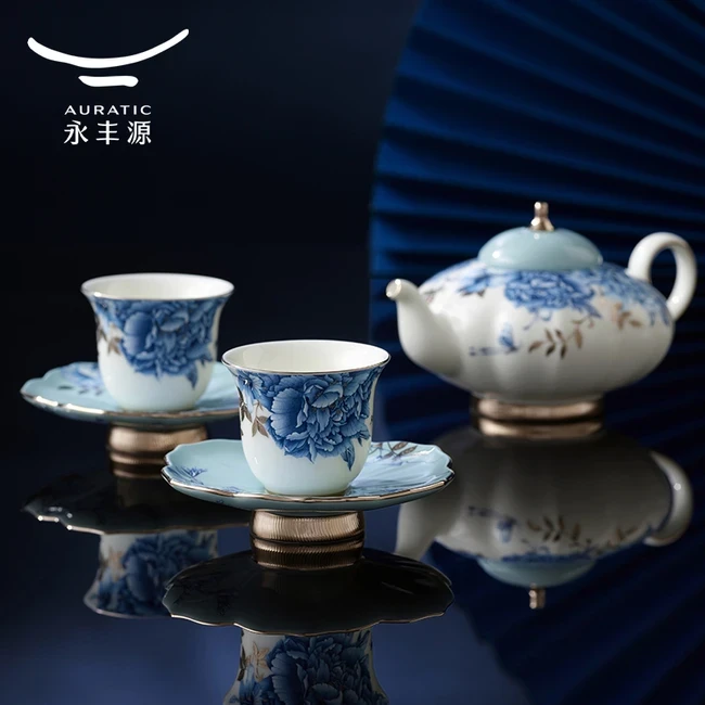 【27枚セット】中国アンティーク コレクション 中国直邮，时效10-15天】Auratic 国瓷永丰源铂金青花6头中式茶具（2人
