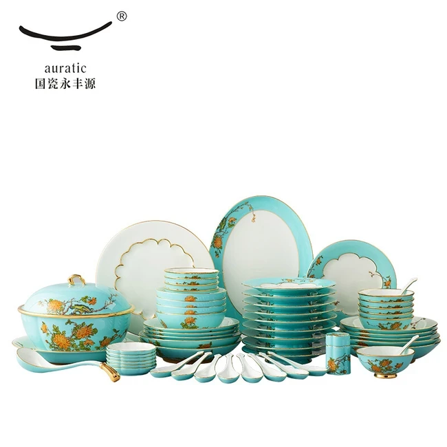 中式精美餐具推荐| auratic国瓷永丰源夫人瓷西湖蓝58头中式家用餐具套装