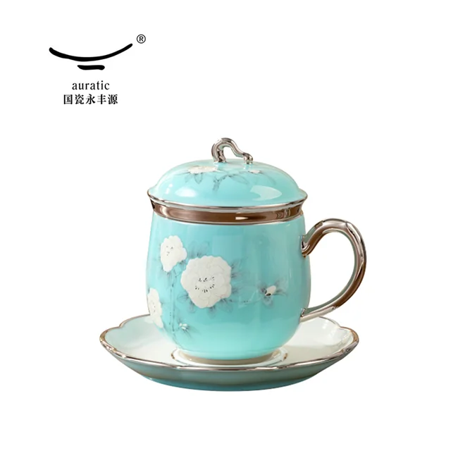 精美茶具推荐·Auratic 国瓷永丰源夫人瓷手绘蓝四件套盖杯陶瓷泡茶杯280ml