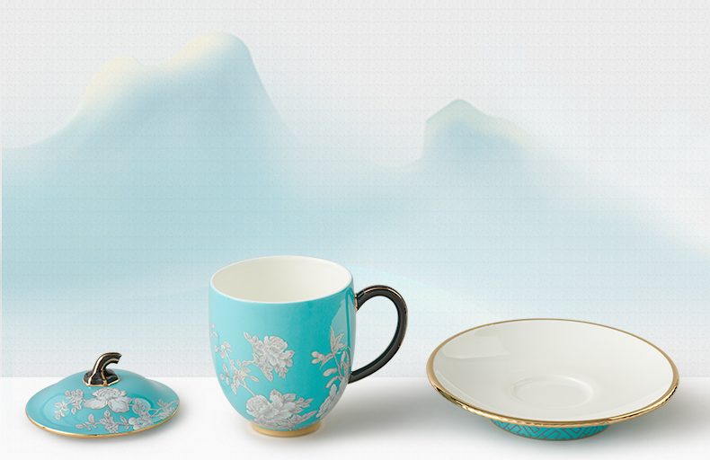 中国直邮，时效10-15天】Auratic 国瓷永丰源水墨牡丹三件套盖杯330ml