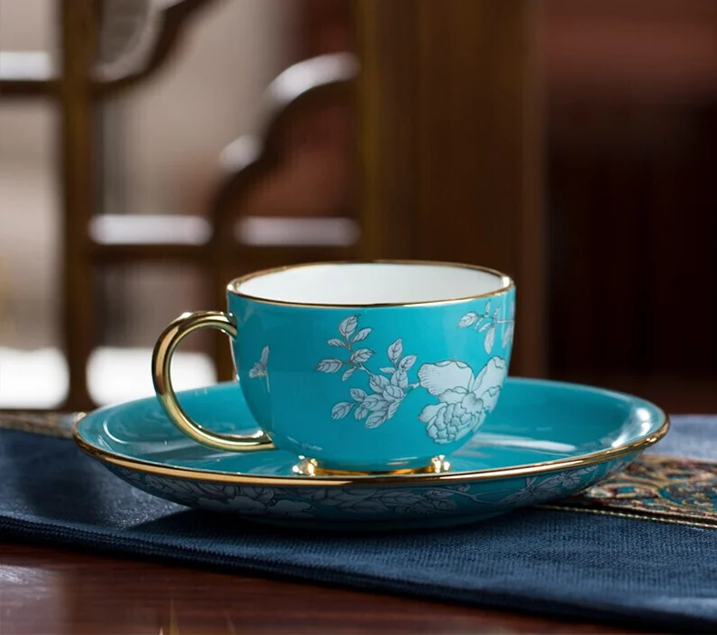 精美茶具推荐·Auratic 国瓷永丰源水墨牡丹2头茶咖杯陶瓷茶杯咖啡杯150ml